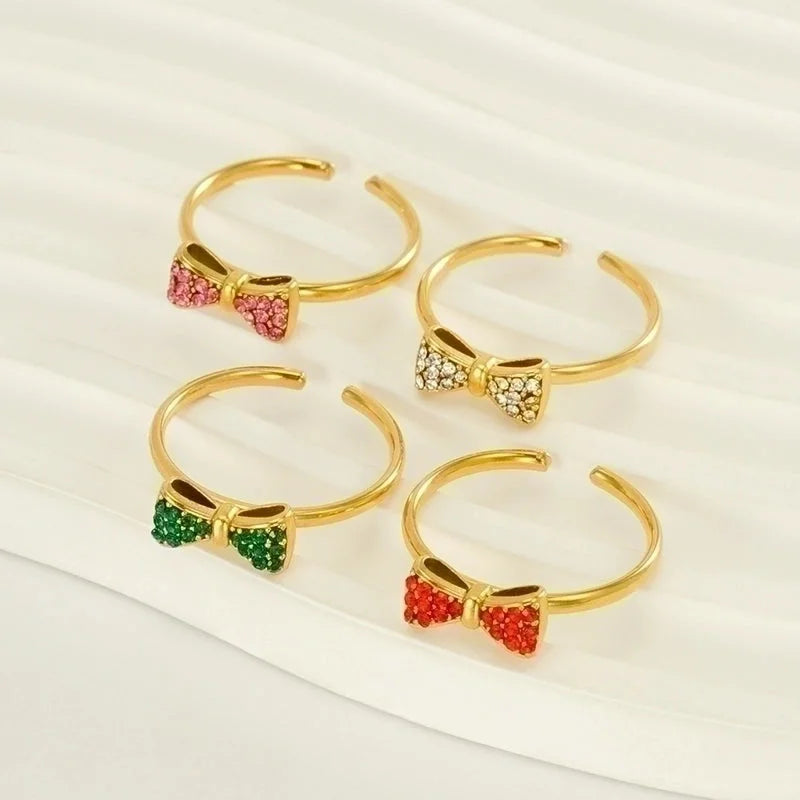 304 Stainless Steel 18K Gold Plated Retro Sweet Plating Inlay Bow Knot Zircon Open Rings