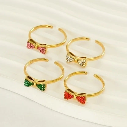 304 Stainless Steel 18K Gold Plated Retro Sweet Plating Inlay Bow Knot Zircon Open Rings