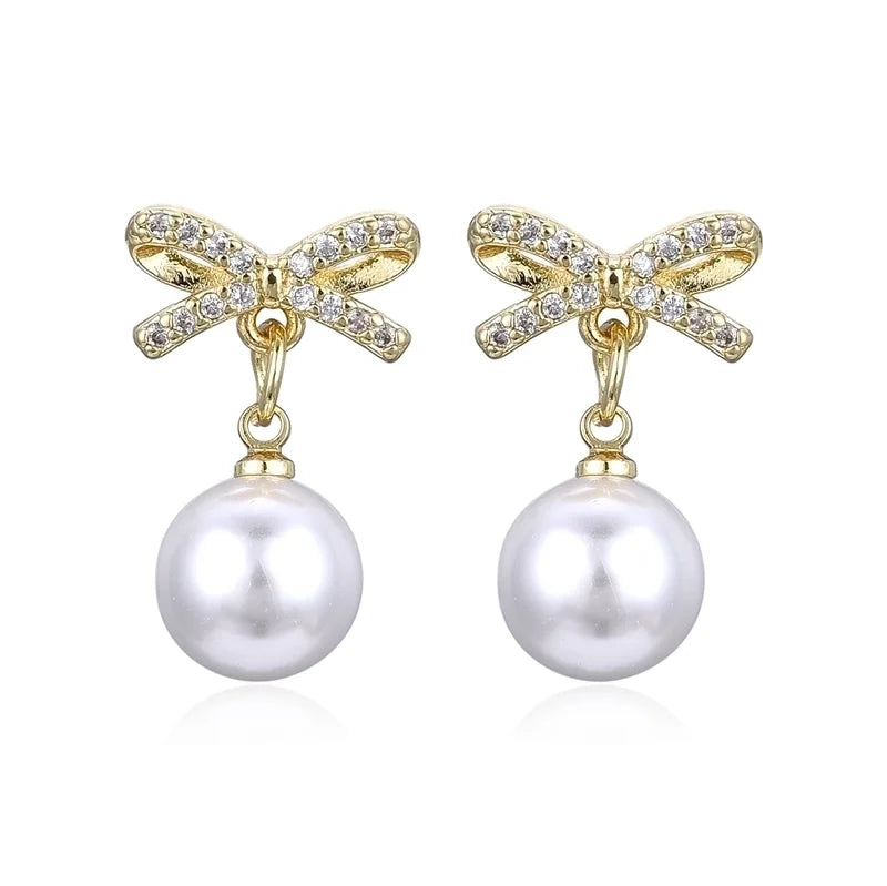 Copper Plating 18K Color Retention Imitation Pearl Bowknot Christmas Ear Studs Earrings