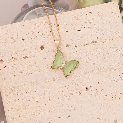 Stainless Steel Glass Copper 18K Gold Plated Cute Butterfly No Inlaid Pendant Necklace