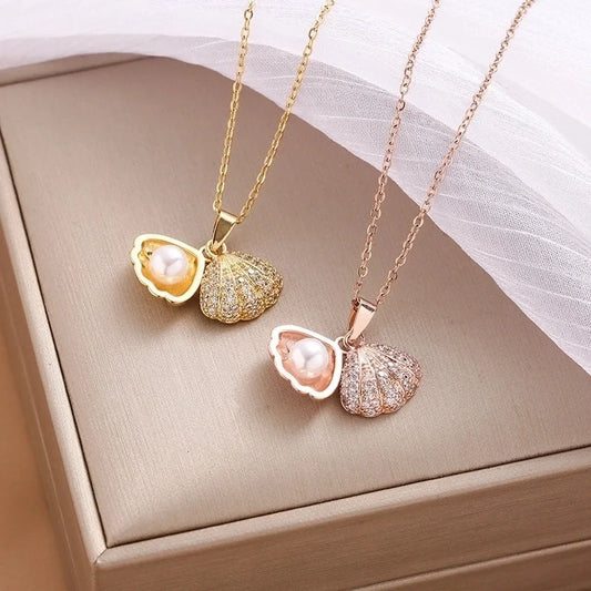 Casual Sweet Shell 304 Stainless Steel Pearl Zircon 18K Gold Plated Inlay Pendant Necklace