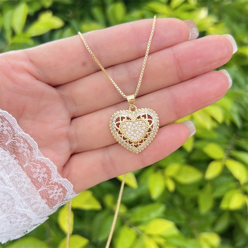 2 Pieces Elegant Heart Shape Bow Knot Copper Zircon Pendant Necklace