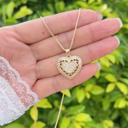 2 Pieces Elegant Heart Shape Bow Knot Copper Zircon Pendant Necklace