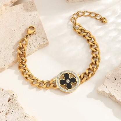 3 Pieces Elegant Four Leaf Clover Life Tree Titanium Steel Cuban Link Chain Curb Chain Bracelets In Bulk