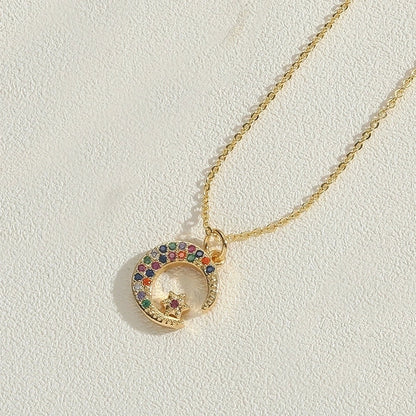 Copper 14K Gold Plated Vintage Style Minimalist Commute Inlay Star Moon Zircon Pendant Necklace