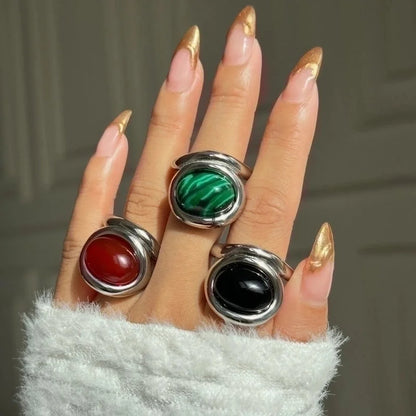 Retro Geometric Titanium Steel Inlay Natural Stone Rings