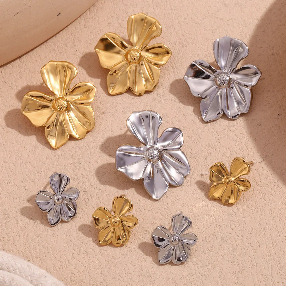 Fashion Petal Geometric Flower Stainless Steel 18K Gold Plated Stud Earrings