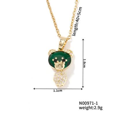 304 Stainless Steel Copper Rhodium Plated Inlay Bear Heart Shape Glass Zircon Pendant Necklace