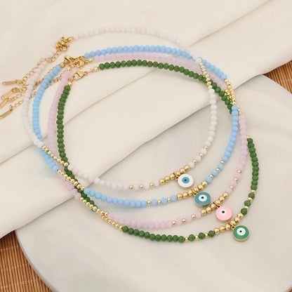 Vintage Style Devil's Eye Stainless Steel Artificial Crystal Copper Beaded Handmade 18K Gold Plated Pendant Necklace