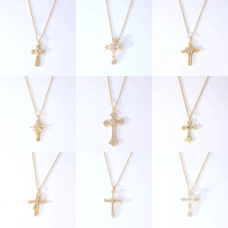 Hip-Hop Retro Cross 304 Stainless Steel Copper Plating Inlay K Gold Plated Zircon Pendant Necklace