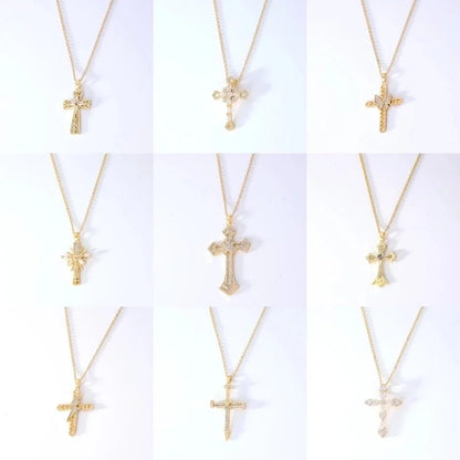 Hip-Hop Retro Cross 304 Stainless Steel Copper Plating Inlay K Gold Plated Zircon Pendant Necklace