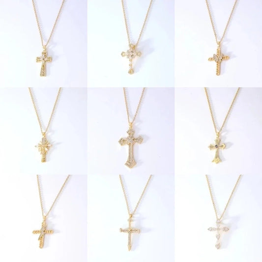 Hip-Hop Retro Cross 304 Stainless Steel Copper Plating Inlay K Gold Plated Zircon Pendant Necklace