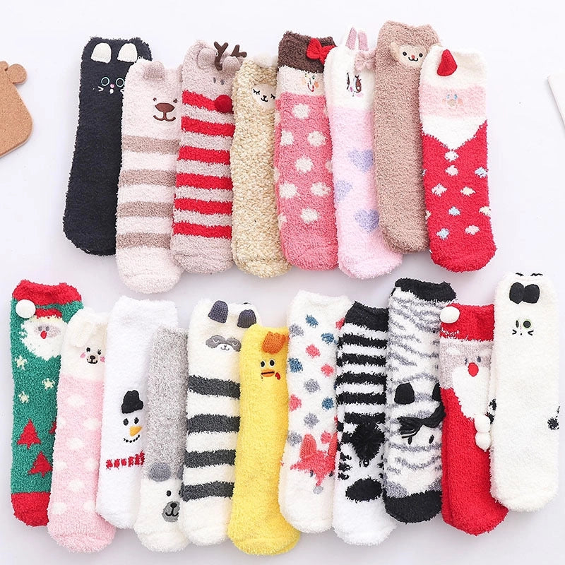 29 Cartoon Straight Embroidered Three-dimensional Animal Coral Fleece Christmas Warm Home Floor Socks Half Velvet Tube Socks
