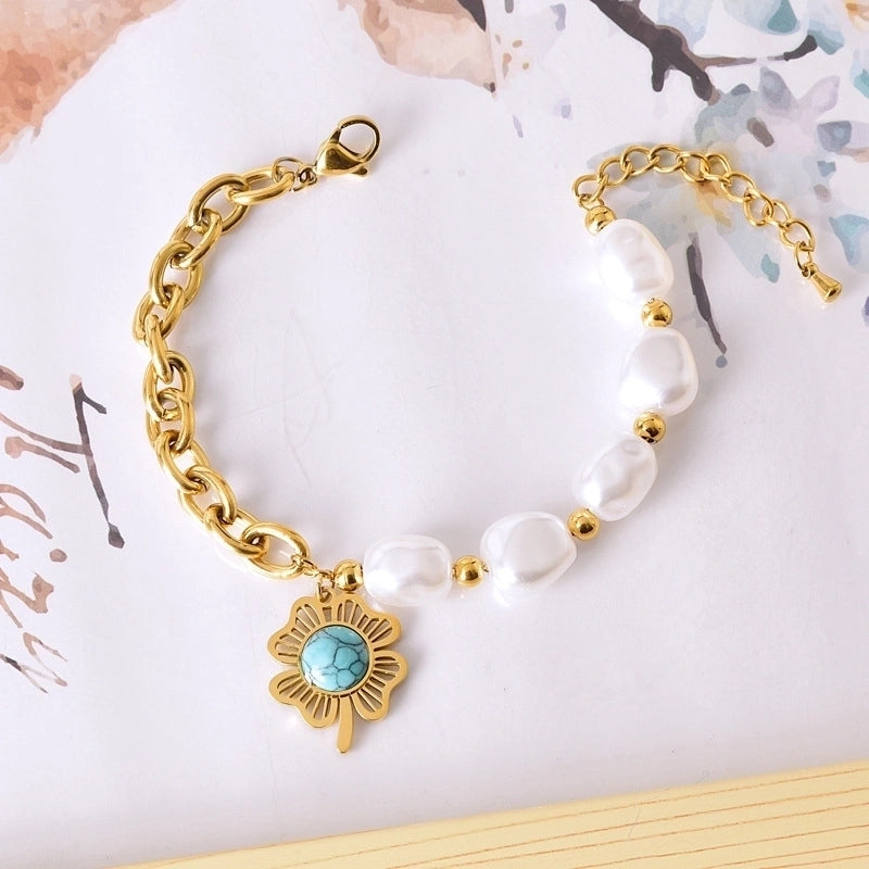 Sweet Geometric Devil's Eye Heart Shape 304 Stainless Steel 18K Gold Plated Artificial Pearls Rhinestones Shell Bracelets In Bulk