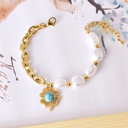 Sweet Geometric Devil's Eye Heart Shape 304 Stainless Steel 18K Gold Plated Artificial Pearls Rhinestones Shell Bracelets In Bulk