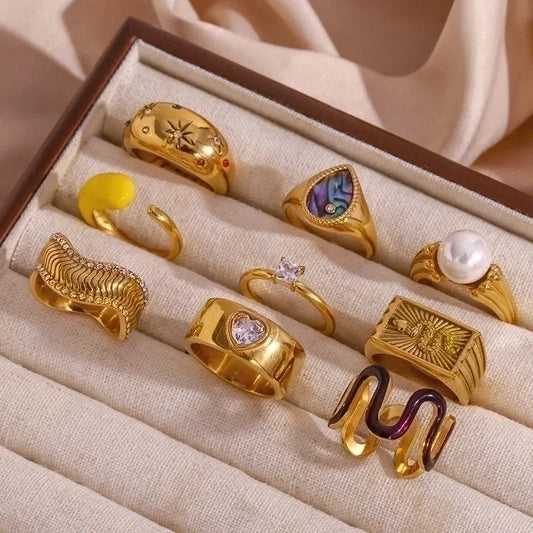 Minimalist Solid Color 304 Stainless Steel Pearl Zircon 18K Gold Plated Plating Inlay Rings