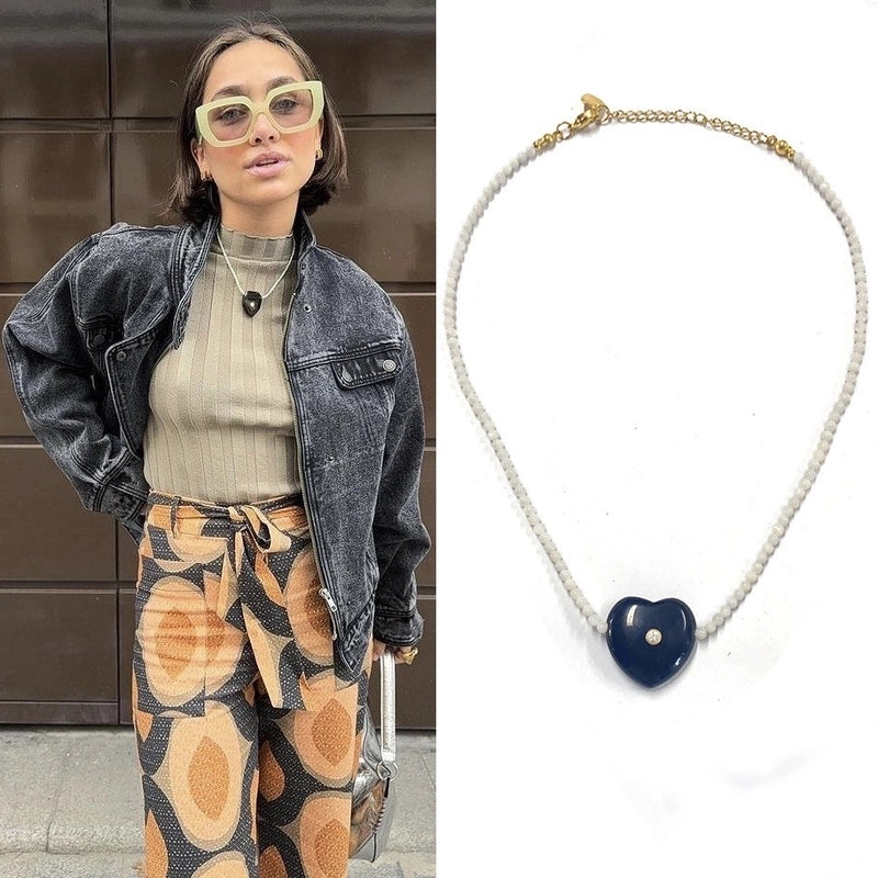 2 Pieces Minimalist Heart Shape Natural Stone Titanium Steel Pendant Necklace In Bulk