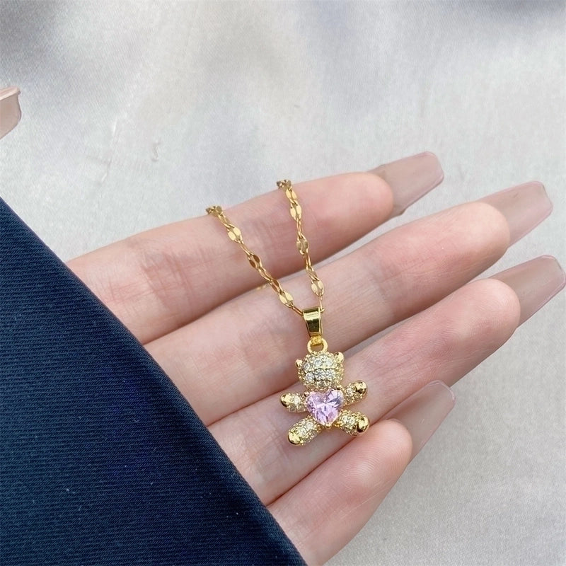 Minimalist Bow Knot Titanium Steel Copper Inlay Rhinestones Pendant Necklace