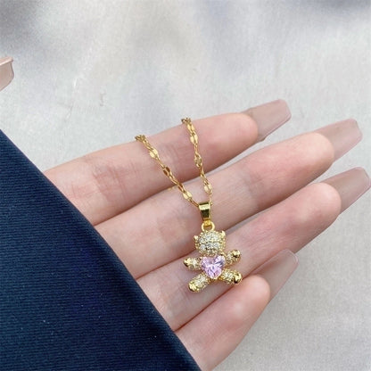 Minimalist Bow Knot Titanium Steel Copper Inlay Rhinestones Pendant Necklace