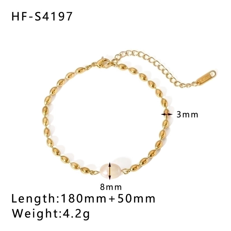 Retro Geometric Stainless Steel 18K Gold Plated Freshwater Pearl Bracelets In Bulk