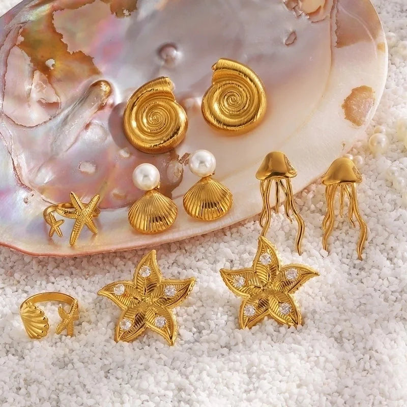 Casual Beach Starfish Shell 304 Stainless Steel Artificial Pearls Zircon 18K Gold Plated Polishing Inlay Rings Earrings