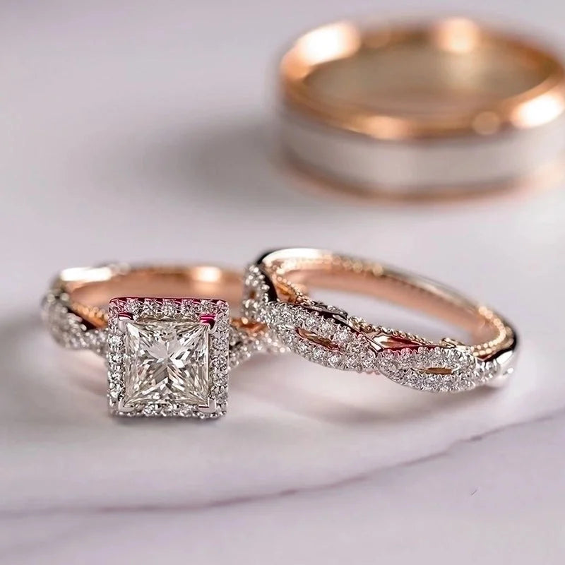 Fashion Three-piece Ring Rose Gold Sparkling Zircon Copper Ring Luxury Engagement Ring
