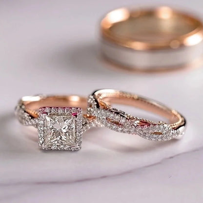 Fashion Three-piece Ring Rose Gold Sparkling Zircon Copper Ring Luxury Engagement Ring