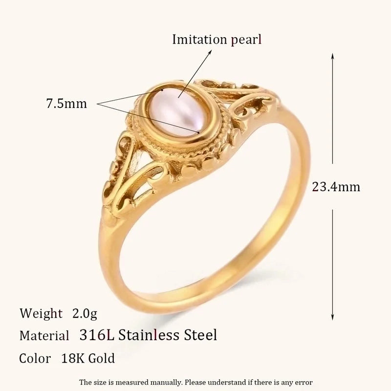 Modern Style Geometric Stainless Steel Plating Inlay Freshwater Pearl 18k Gold Plated Rings