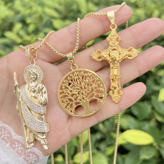 Copper 18K Gold Plated Plating Inlay Human Cross Life Tree Zircon Pendant Necklace