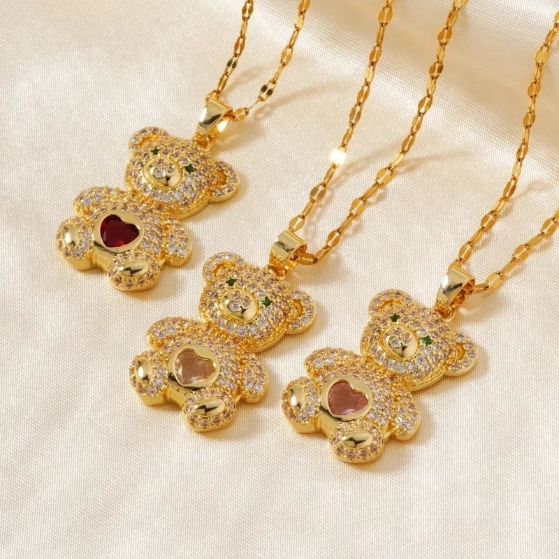304 Stainless Steel Copper Rhodium Plated Inlay Bear Heart Shape Glass Zircon Pendant Necklace