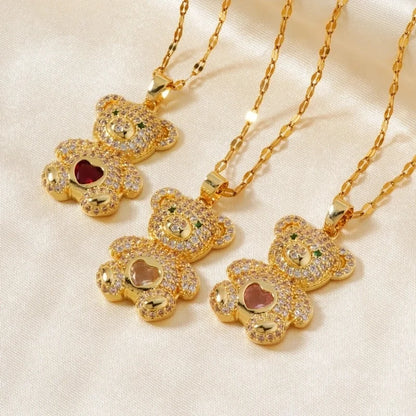 304 Stainless Steel Copper Rhodium Plated Inlay Bear Heart Shape Glass Zircon Pendant Necklace