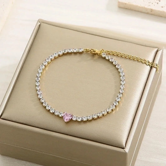 Minimalist Classic Style Heart Shape Titanium Steel 18K Gold Plated Zircon Tennis Bracelet In Bulk