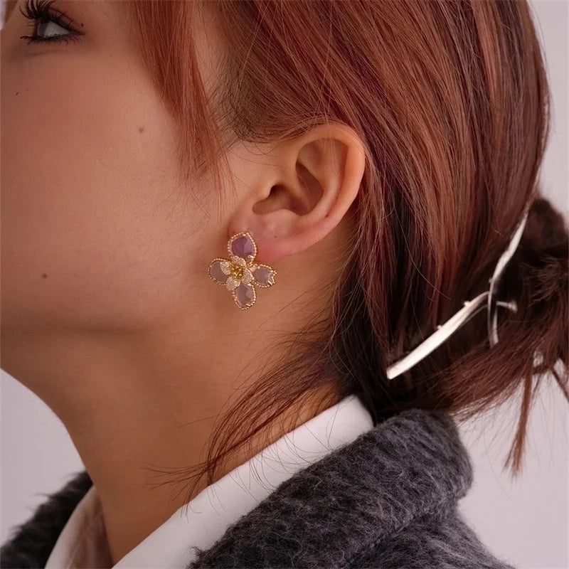 1 Pair Nordic Style Sweet Flower Plating Inlay Copper Zircon K Gold Plated Ear Studs