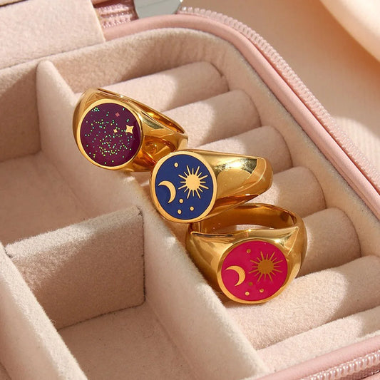 Women Fashion Sun Star Moon Geometric Stainless Steel 18K Gold Plated Rings