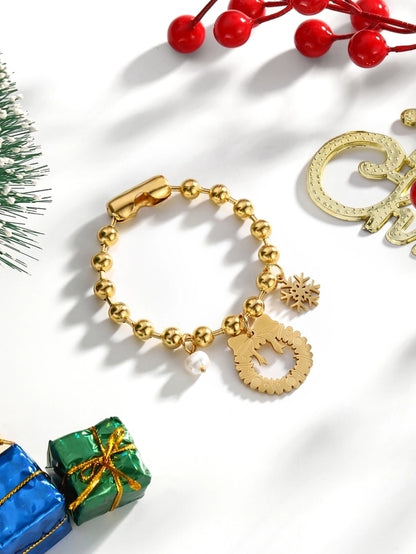 Casual Elegant Lady Santa Claus 304 Stainless Steel Freshwater Pearl 24K Gold Plated Freshwater Pearl Beaded Chain Bracelets In Bulk Christmas