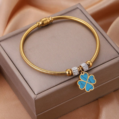 Streetwear Four Leaf Clover Heart Shape Titanium Steel Bangle In Bulk