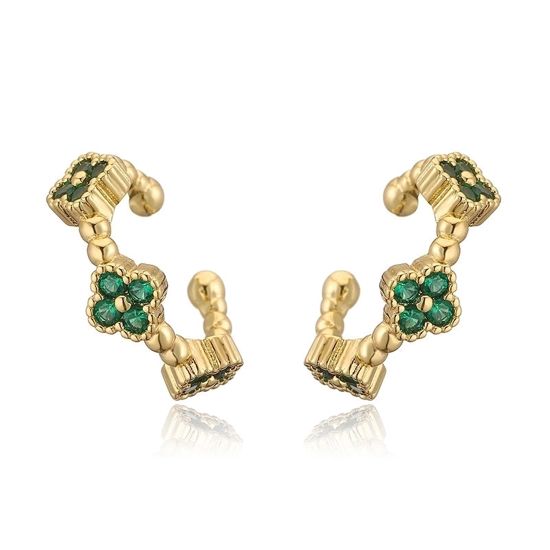 Temperament Entry Lux Copper Inlaid Color Diamond Clover Opening Ear Clip Niche High Sense Flower Petals Ear Rings Direct Sales