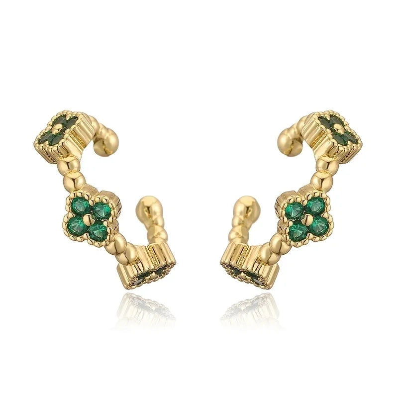 Temperament Entry Lux Copper Inlaid Color Diamond Clover Opening Ear Clip Niche High Sense Flower Petals Ear Rings Direct Sales