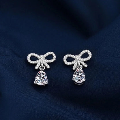 1 Pair Sweet Minimalist Round Heart Shape Bow Knot Plating Inlay Copper Zircon Silver Plated Drop Earrings