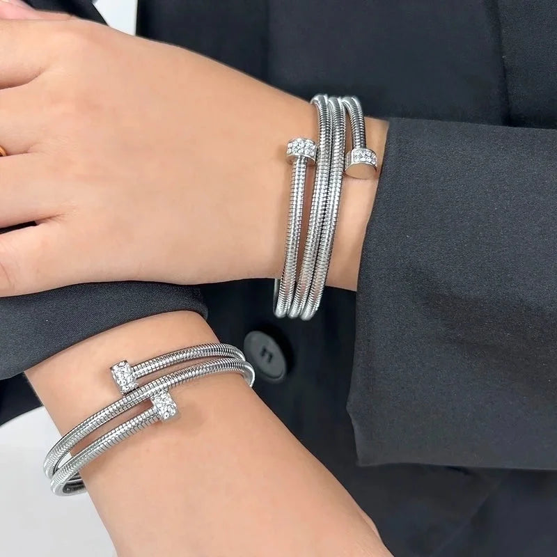 Casual Minimalist Commute Circle Round 304 Stainless Steel 18K Gold Plated Rhinestones Bangle In Bulk