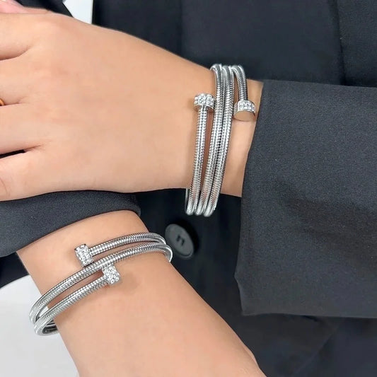 Casual Minimalist Commute Circle Round 304 Stainless Steel 18K Gold Plated Rhinestones Bangle In Bulk