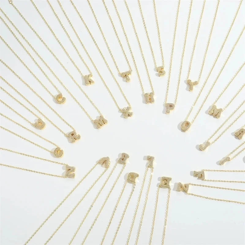 Copper 14K Gold Plated Vintage Style Minimalist Commute Inlay Letter Zircon Pendant Necklace