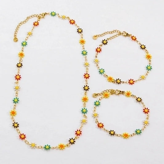 2 Pieces 304 Stainless Steel 14K Gold Plated Sweet Enamel Flower Bracelets Anklet Necklace