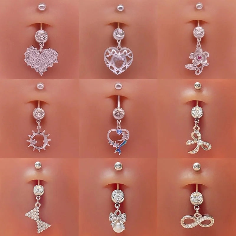 Cute Sweet Heart Shape Flower Butterfly Stainless Steel Copper White Gold Plated Gold Plated Rhinestones Zircon Belly Ring In Bulk