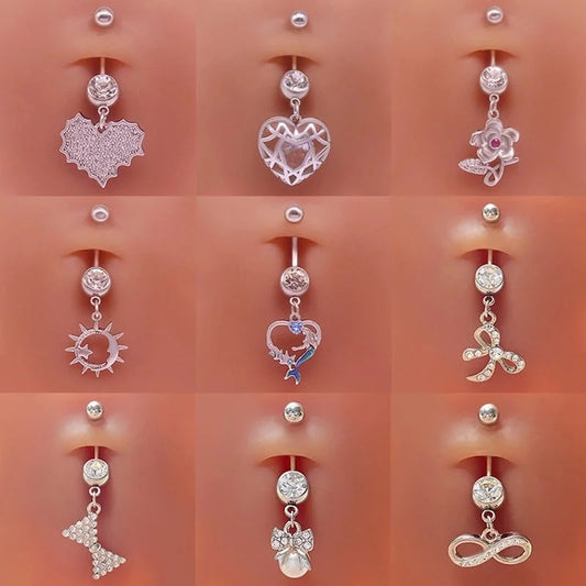 Cute Sweet Heart Shape Flower Butterfly Stainless Steel Copper White Gold Plated Gold Plated Rhinestones Zircon Belly Ring In Bulk