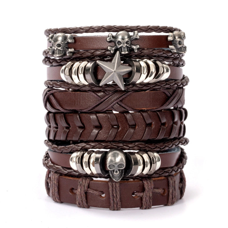 Casual Retro Star Solid Color Skull Pu Leather Layered Braid Halloween Unisex Bracelets