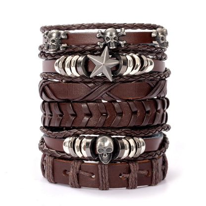 Casual Retro Star Solid Color Skull Pu Leather Layered Braid Halloween Unisex Bracelets