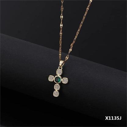 Copper Inlay Cross Zircon Pendant Necklace