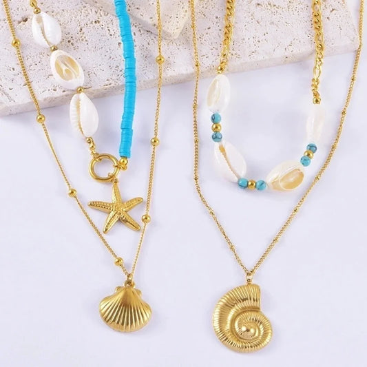 Vacation Starfish Conch Shell Titanium Steel Pendant Necklace