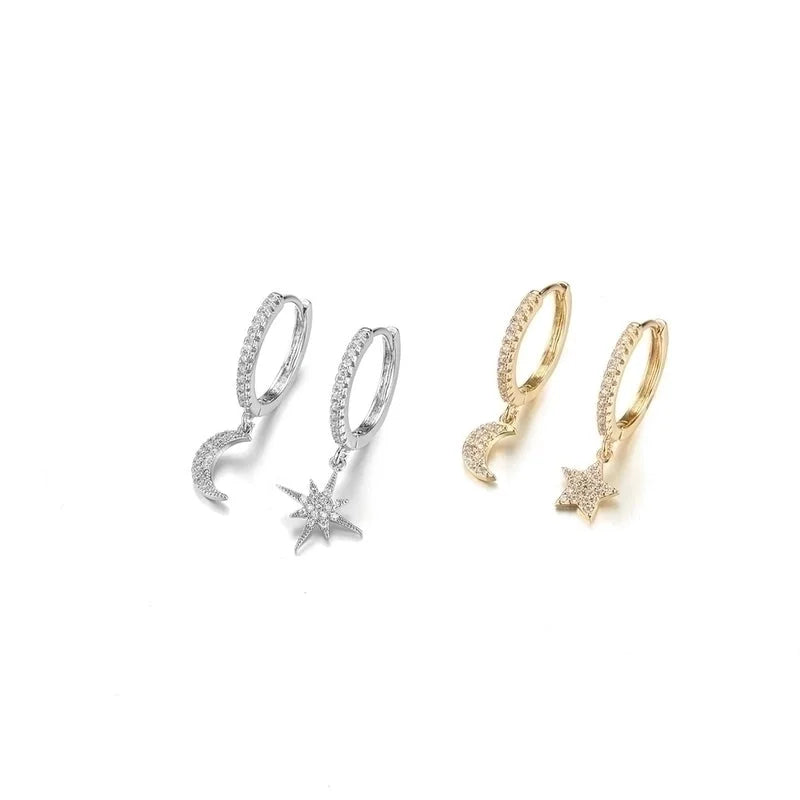 Simple Geometric Moon Snowflake Copper Inlaid Zirconium Irregular Earrings